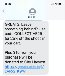 Example of SMS Shopping Cart Abandonment Text Message
