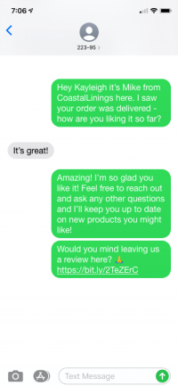 Example of SMS Post-Purchase Review Text Message